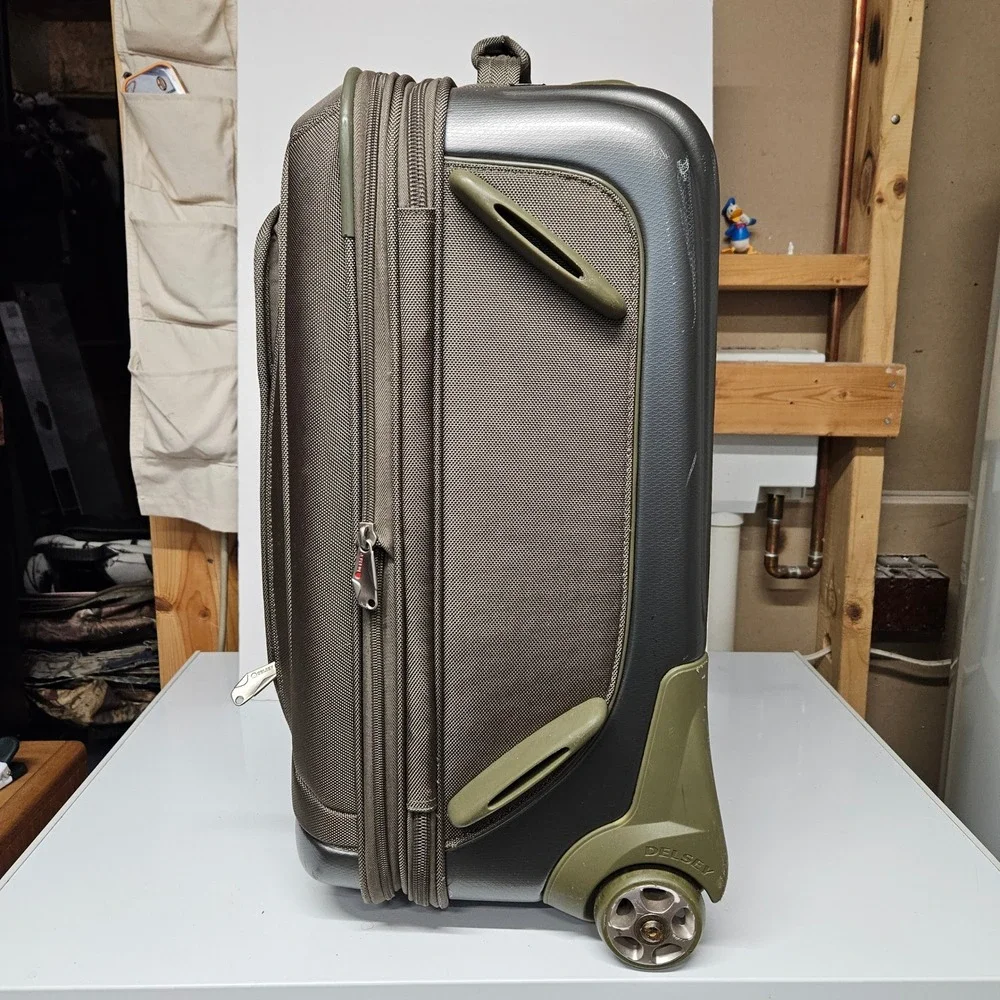 Delsey Rolling Suitcase Olive Green Grey Lightweight Hybrid Carry On Bag *